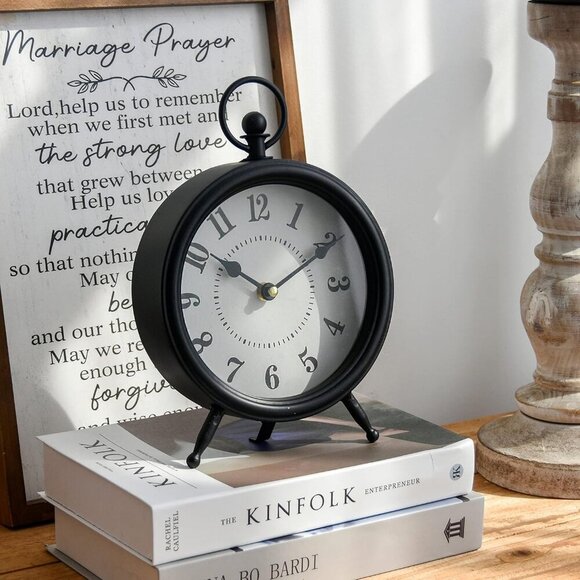 Vintage Black Table Clock on Stand, Decorative Desk and Shelf Clock, Rustic Mant - Picture 2 of 7